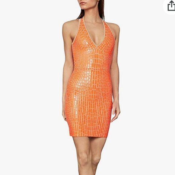 Bcbgmaxazria Sleeveless V-Neck Textured Sweater Bodycon Mini Dress Papaya M - Picture 1 of 5